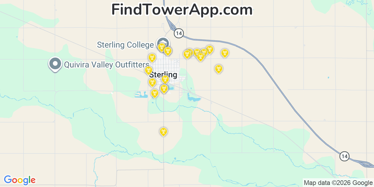 Map showing the 20 primary cell tower locations detected in Sterling, Kansas from AT&T, Verizon, and T-Mobile networks