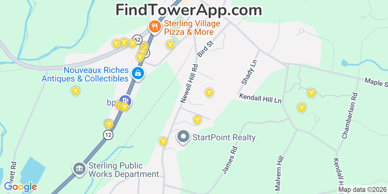 Map showing the 20 primary cell tower locations detected in Sterling, Massachusetts from AT&T, Verizon, and T-Mobile networks