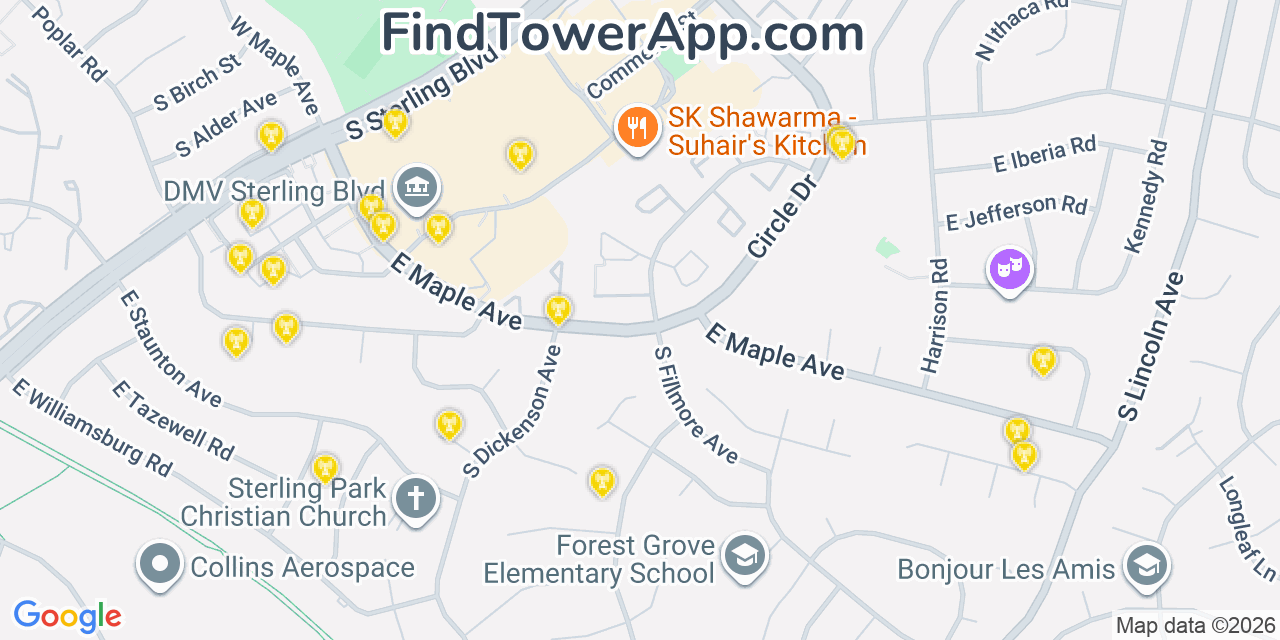 Map showing the 20 primary cell tower locations detected in Sterling, Virginia from AT&T, Verizon, and T-Mobile networks