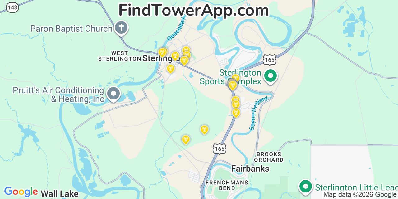 Map showing the 20 primary cell tower locations detected in Sterlington, Louisiana from AT&T, Verizon, and T-Mobile networks