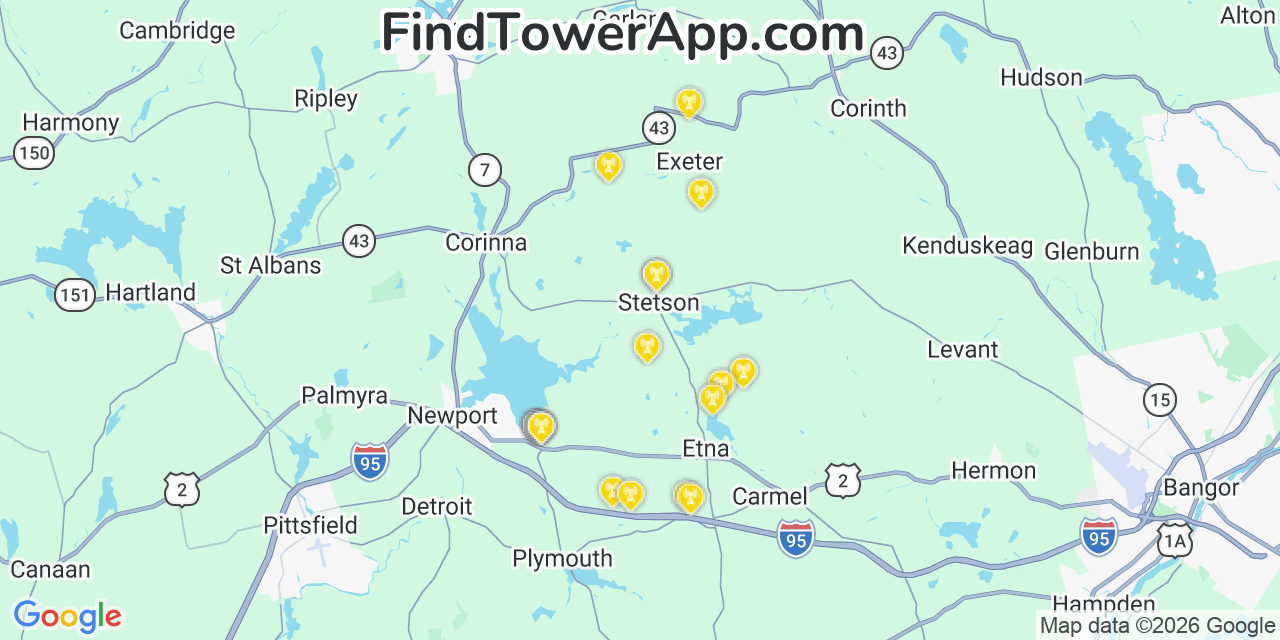 Map showing the 20 primary cell tower locations detected in Stetson, Maine from AT&T, Verizon, and T-Mobile networks