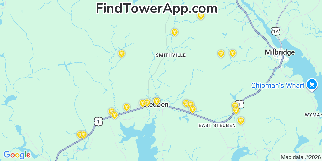 Map showing the 20 primary cell tower locations detected in Steuben, Maine from AT&T, Verizon, and T-Mobile networks
