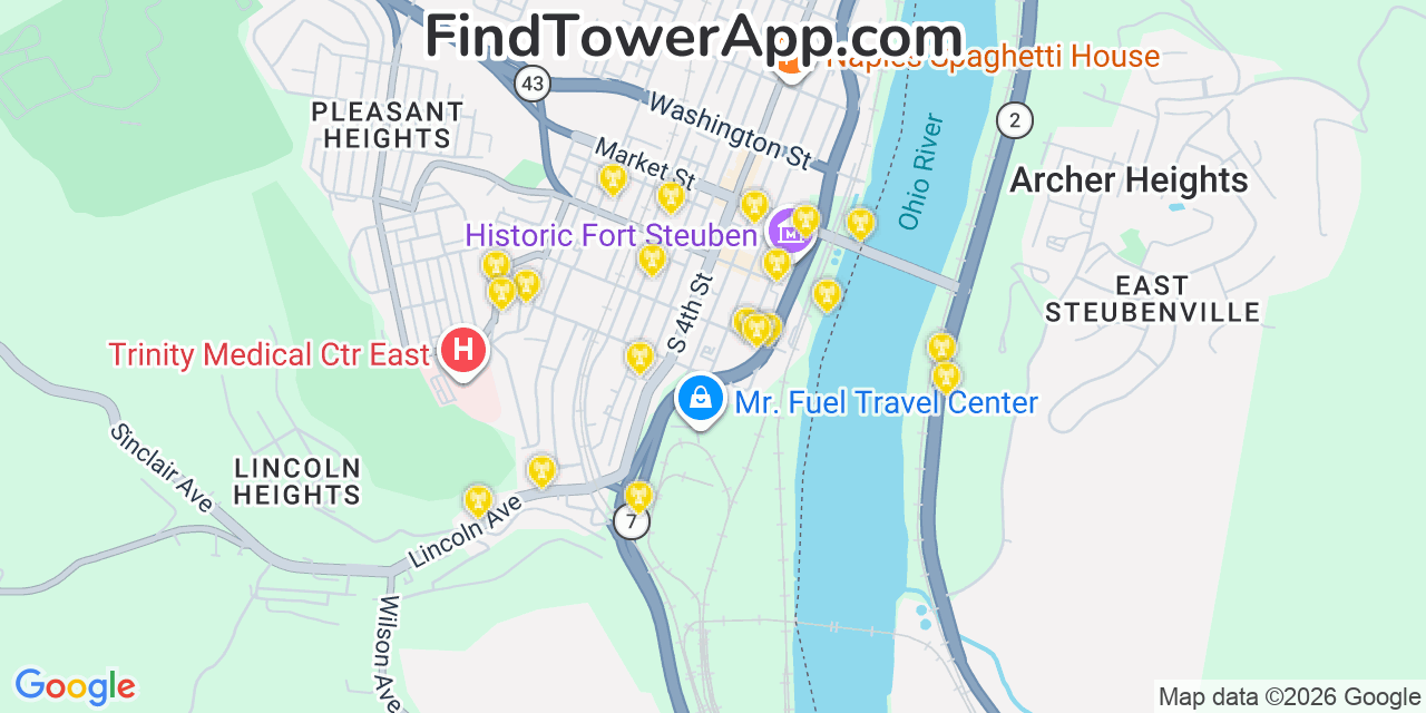 Map showing the 20 primary cell tower locations detected in Steubenville, Ohio from AT&T, Verizon, and T-Mobile networks