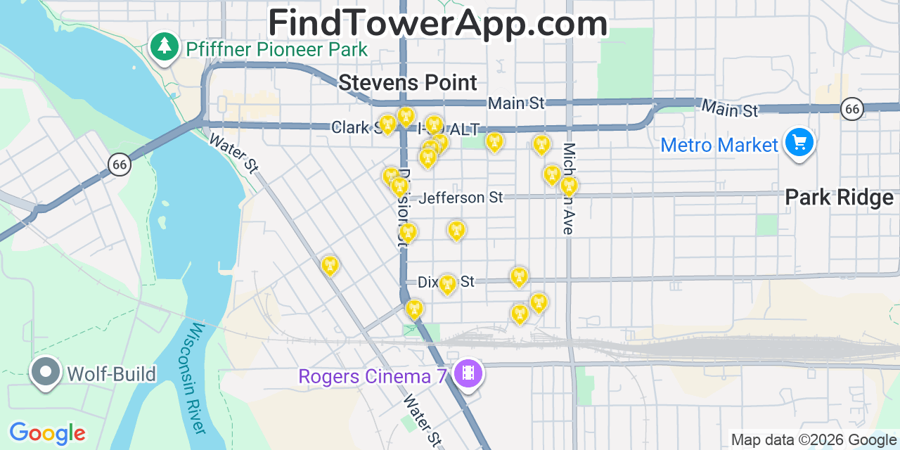Map showing the 20 primary cell tower locations detected in Stevens Point, Wisconsin from AT&T, Verizon, and T-Mobile networks