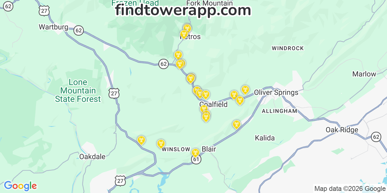 Map showing the 23 primary AT&T cell tower locations detected in Stevensgap, Tennessee with coverage radius and signal strength indicators