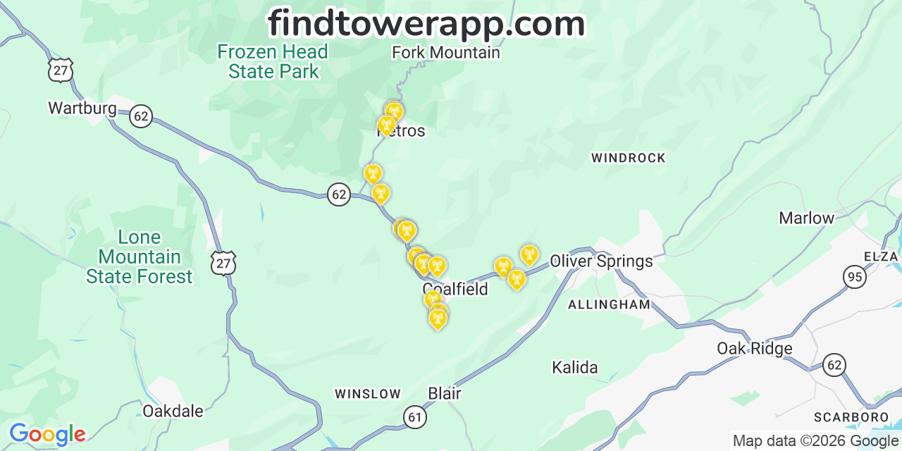 Map showing the 20 primary cell tower locations detected in Stevensgap, Tennessee from AT&T, Verizon, and T-Mobile networks