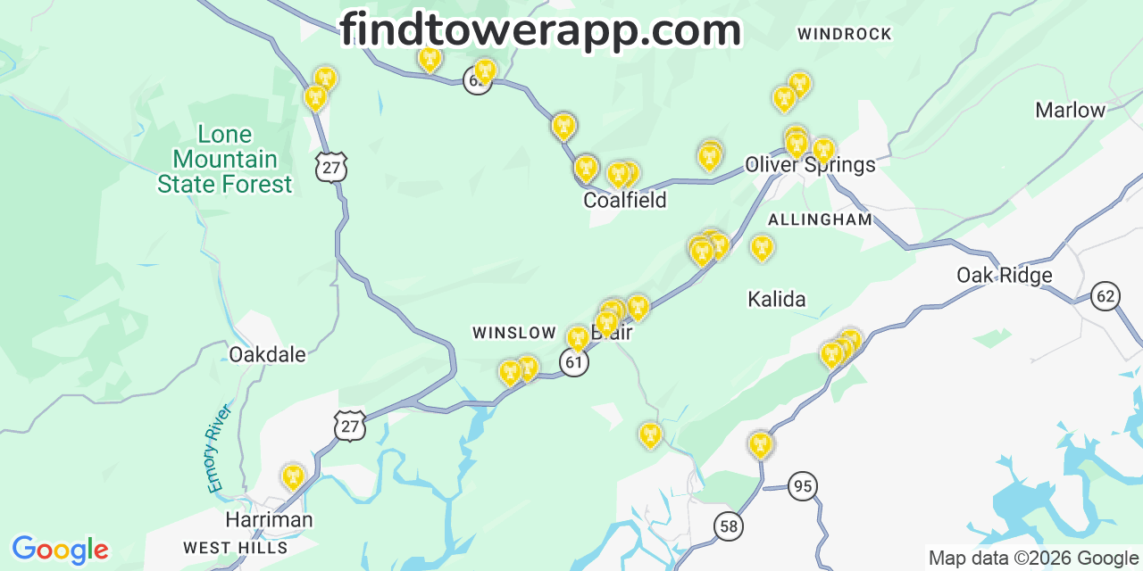 Map showing the 39 primary T-Mobile cell tower locations detected in Stevensgap, Tennessee with coverage radius and signal strength indicators