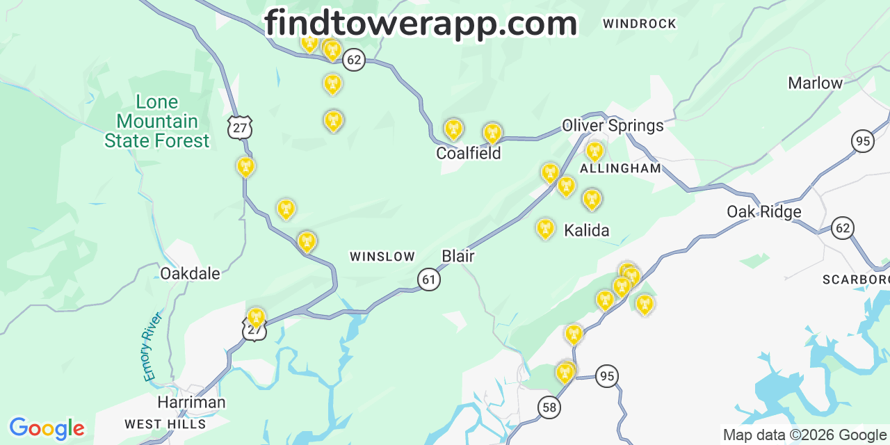 Map showing the 29 primary Verizon cell tower locations detected in Stevensgap, Tennessee with coverage radius and signal strength indicators