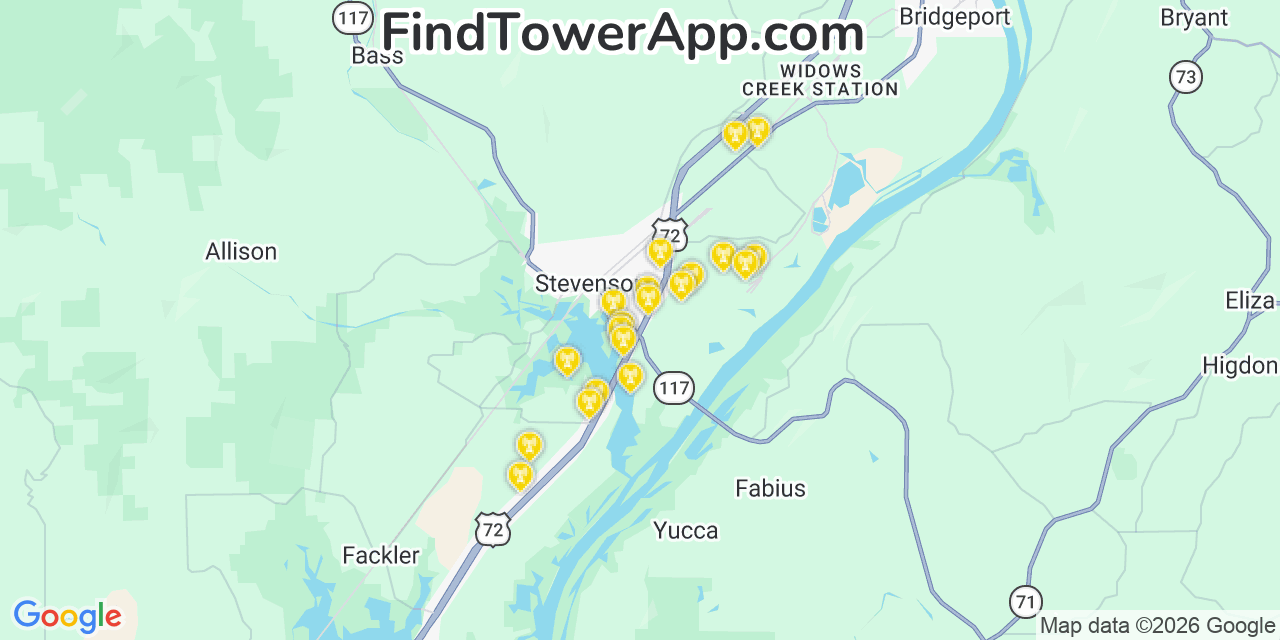 Map showing the 20 primary cell tower locations detected in Stevenson, Alabama from AT&T, Verizon, and T-Mobile networks