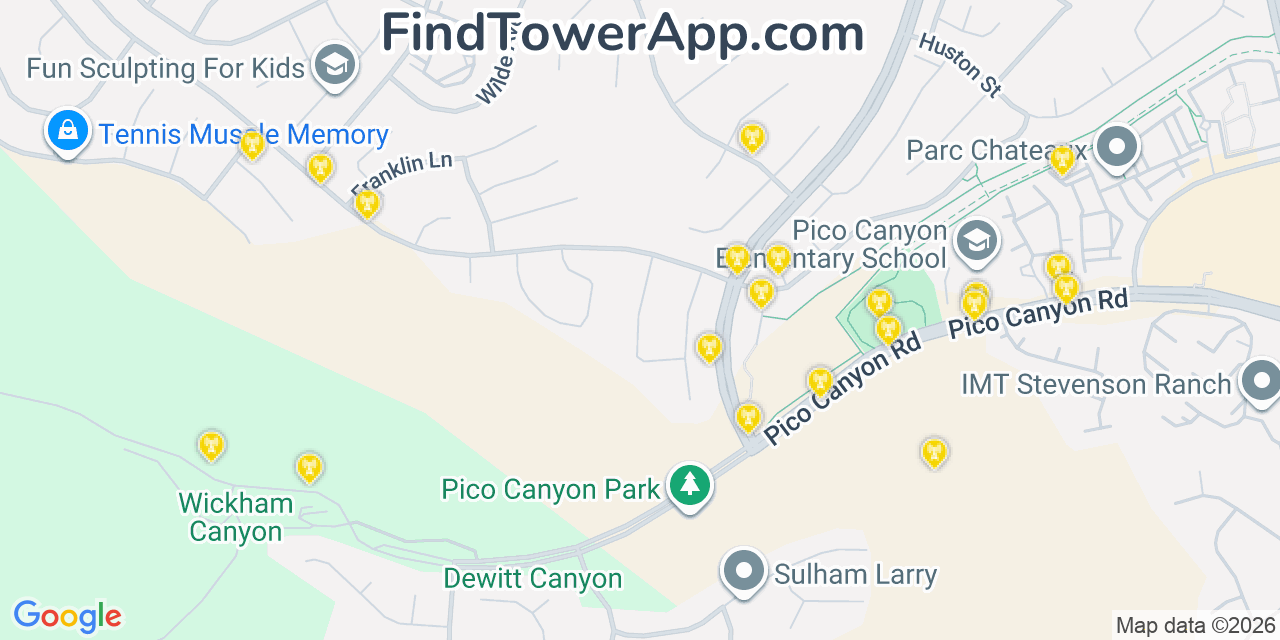 Map showing the 20 primary cell tower locations detected in Stevenson Ranch, California from AT&T, Verizon, and T-Mobile networks