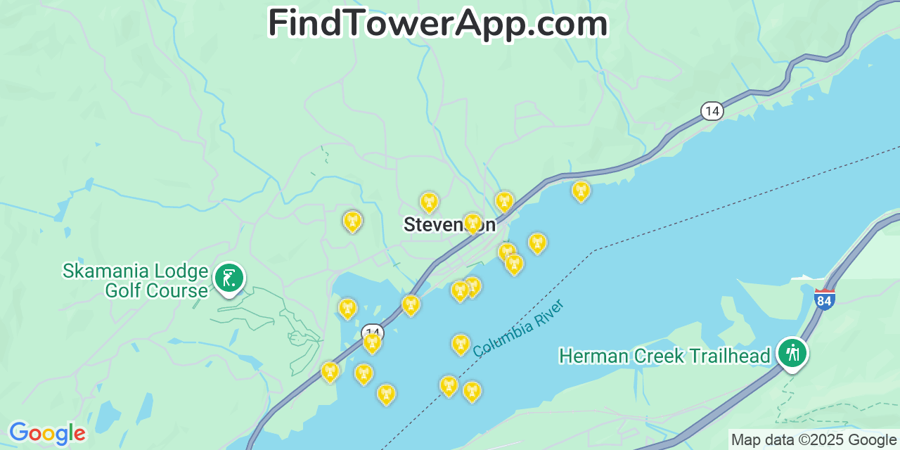 Map showing the 20 primary cell tower locations detected in Stevenson, Washington from AT&T, Verizon, and T-Mobile networks