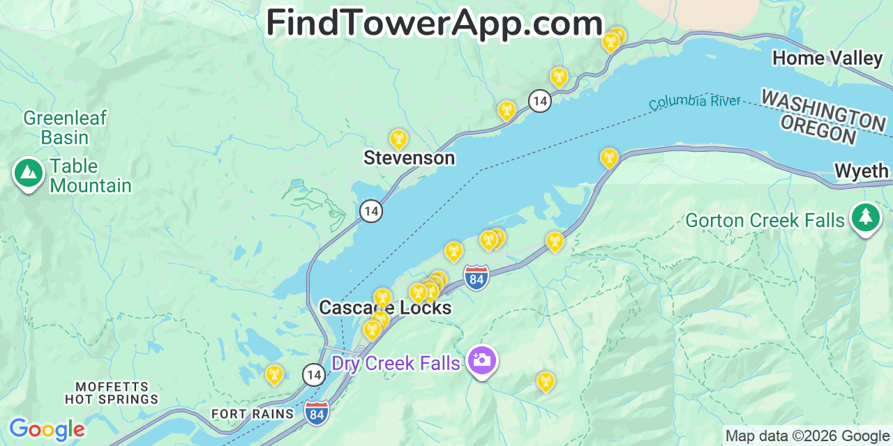 Map showing the 20 primary cell tower locations detected in Stevenson, Washington from AT&T, Verizon, and T-Mobile networks