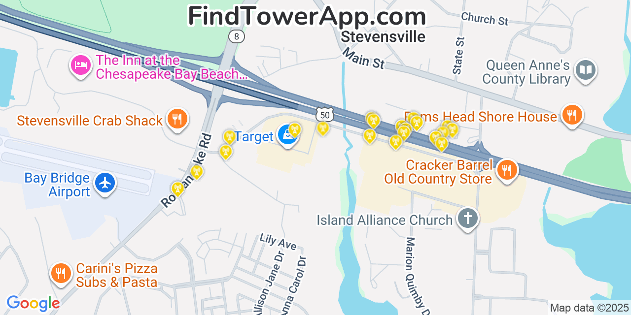 Map showing the 20 primary cell tower locations detected in Stevensville, Maryland from AT&T, Verizon, and T-Mobile networks