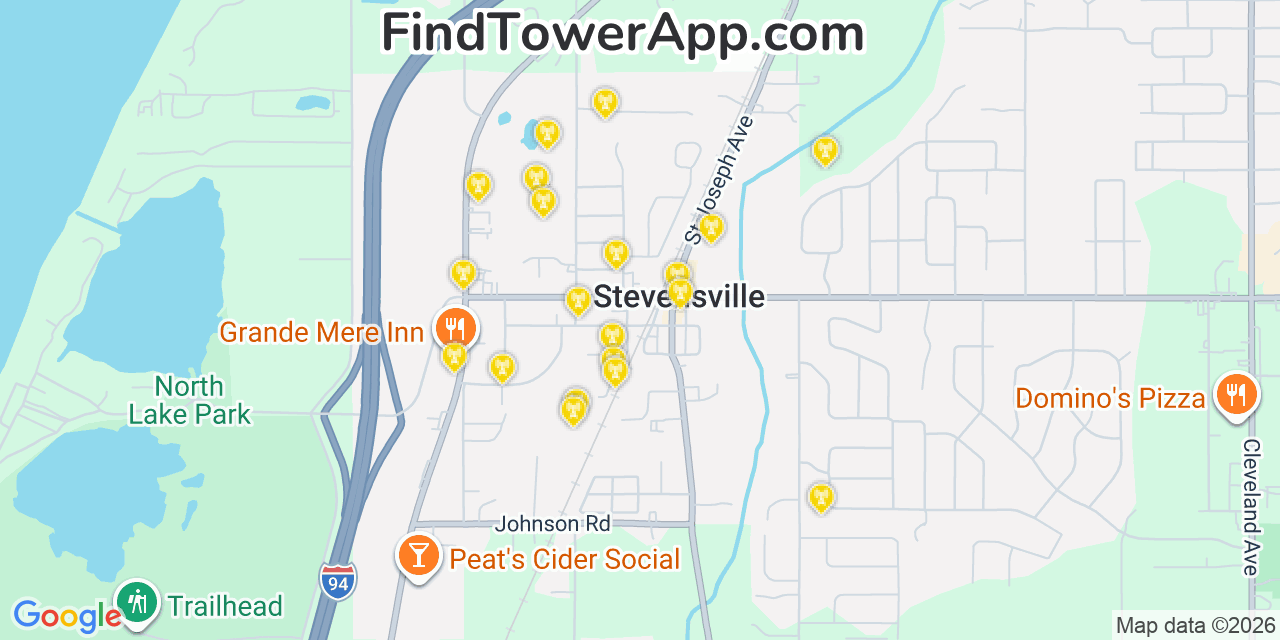 Map showing the 20 primary cell tower locations detected in Stevensville, Michigan from AT&T, Verizon, and T-Mobile networks