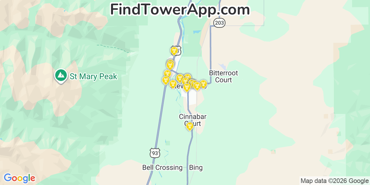 Map showing the 20 primary cell tower locations detected in Stevensville, Montana from AT&T, Verizon, and T-Mobile networks