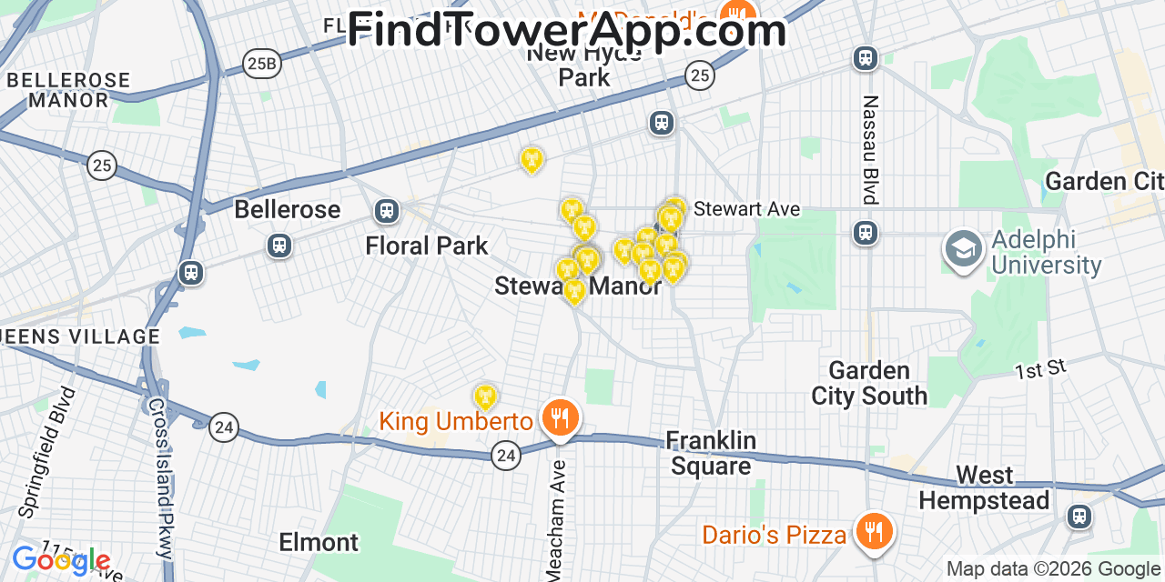 Map showing the 20 primary cell tower locations detected in Stewart Manor, New York from AT&T, Verizon, and T-Mobile networks