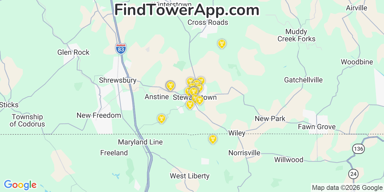 Map showing the 20 primary cell tower locations detected in Stewartstown, Pennsylvania from AT&T, Verizon, and T-Mobile networks