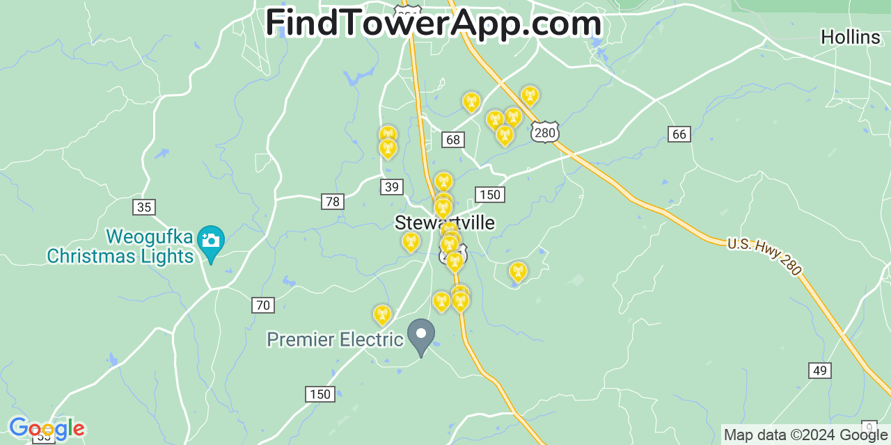 AT&T 4G/5G cell tower coverage map Stewartville, Alabama