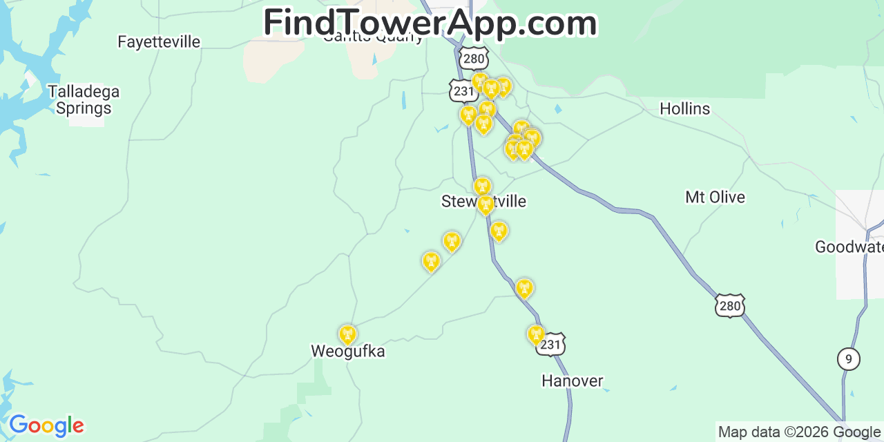 Map showing the 20 primary cell tower locations detected in Stewartville, Alabama from AT&T, Verizon, and T-Mobile networks