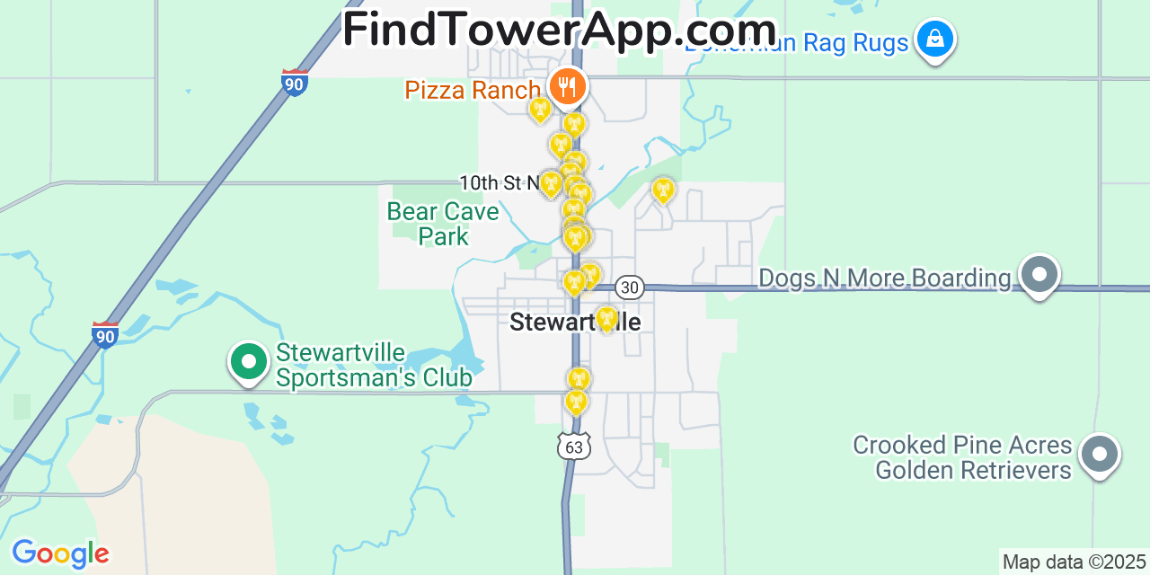 Map showing the 20 primary cell tower locations detected in Stewartville, Minnesota from AT&T, Verizon, and T-Mobile networks