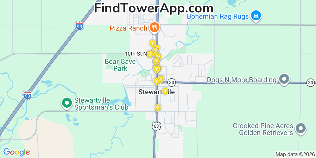 Map showing the 20 primary cell tower locations detected in Stewartville, Minnesota from AT&T, Verizon, and T-Mobile networks