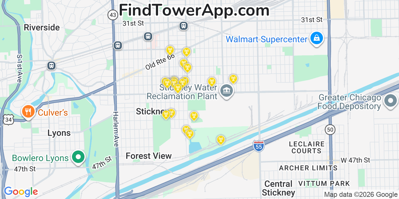 Map showing the 20 primary cell tower locations detected in Stickney, Illinois from AT&T, Verizon, and T-Mobile networks