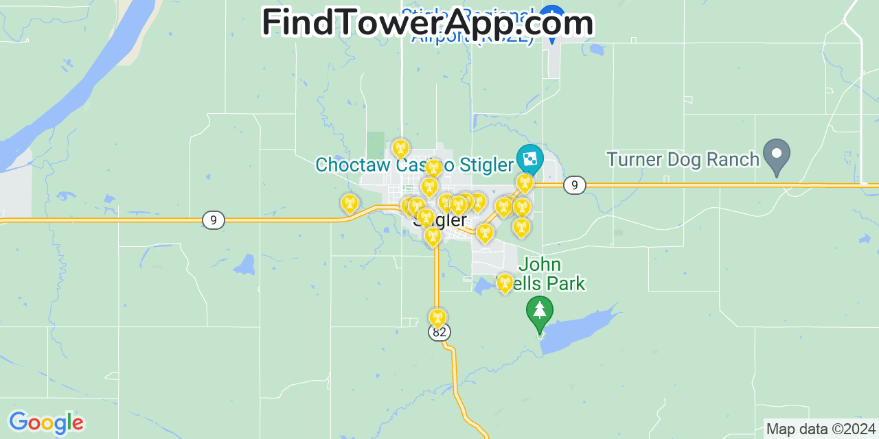 AT&T 4G/5G cell tower coverage map Stigler, Oklahoma