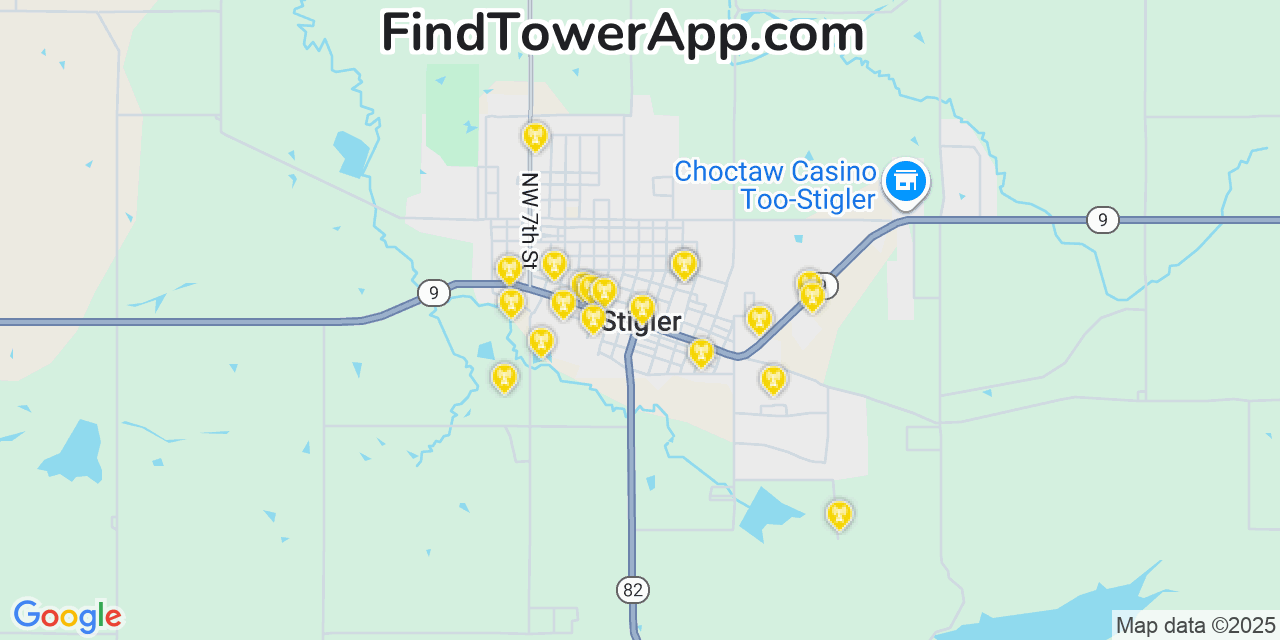Map showing the 20 primary cell tower locations detected in Stigler, Oklahoma from AT&T, Verizon, and T-Mobile networks