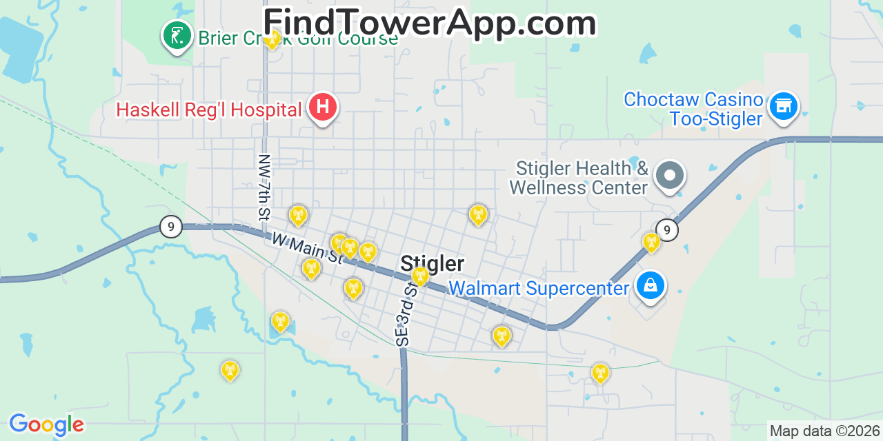 Map showing the 20 primary cell tower locations detected in Stigler, Oklahoma from AT&T, Verizon, and T-Mobile networks