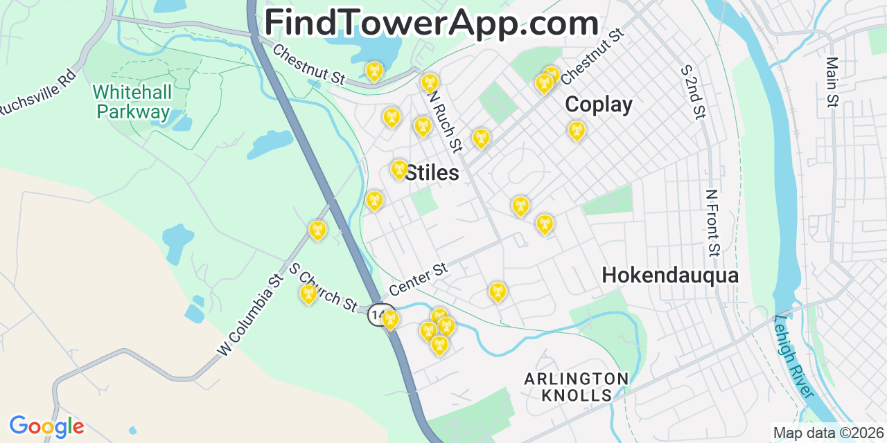 Map showing the 20 primary cell tower locations detected in Stiles, Pennsylvania from AT&T, Verizon, and T-Mobile networks