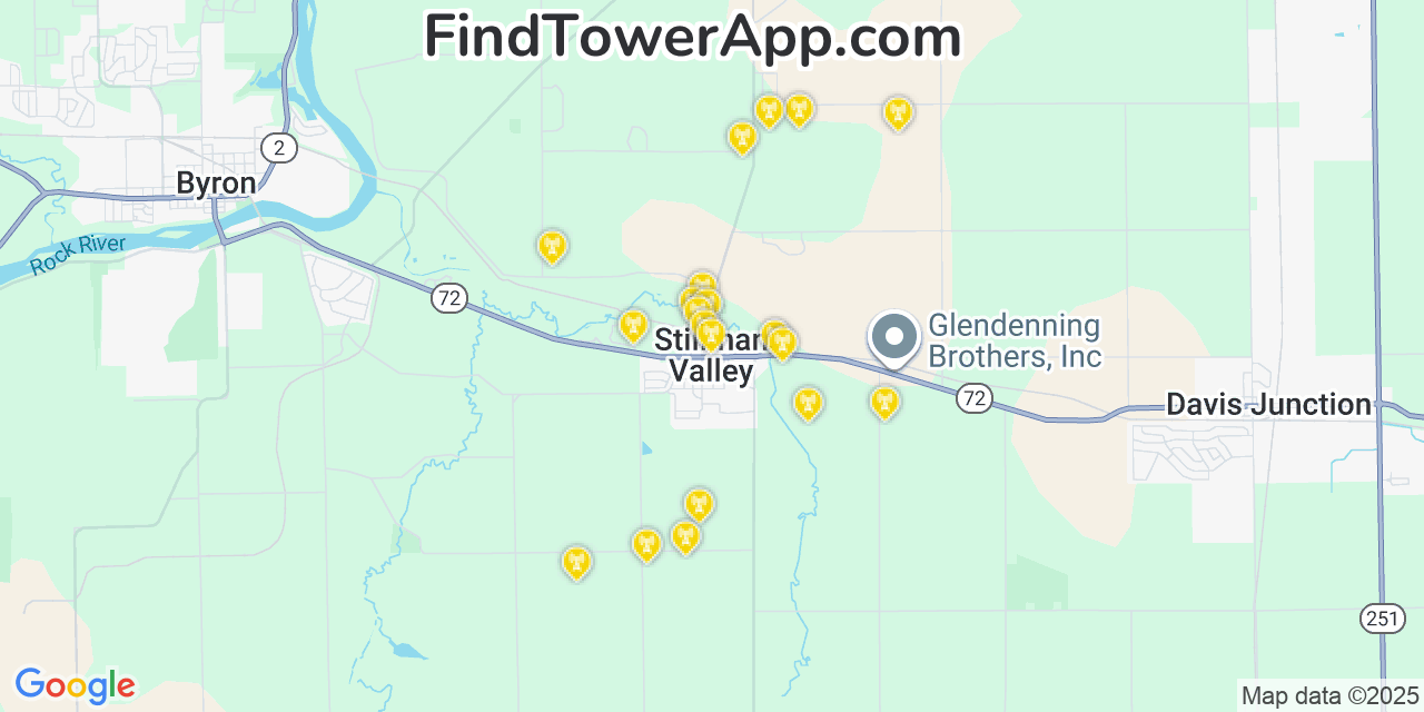 Map showing the 20 primary cell tower locations detected in Stillman Valley, Illinois from AT&T, Verizon, and T-Mobile networks