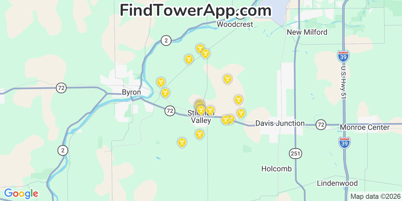 Map showing the 20 primary cell tower locations detected in Stillman Valley, Illinois from AT&T, Verizon, and T-Mobile networks