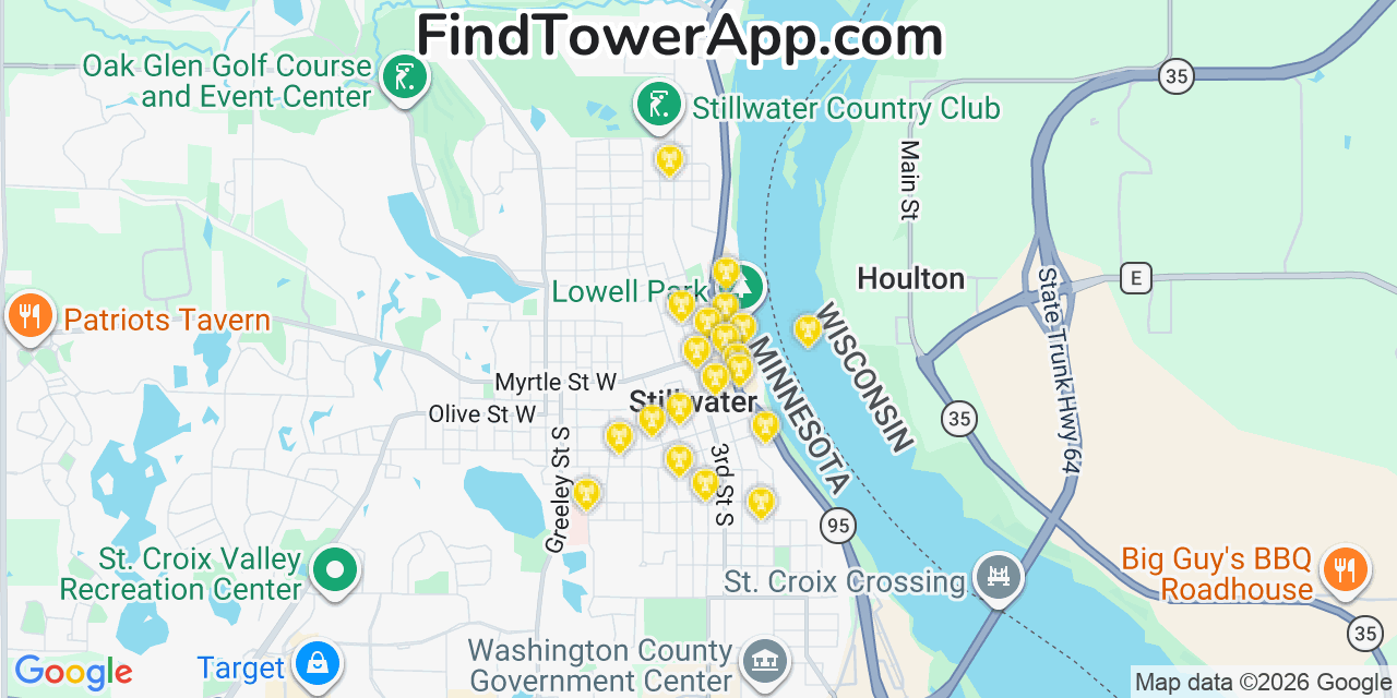 Map showing the 20 primary cell tower locations detected in Stillwater, Minnesota from AT&T, Verizon, and T-Mobile networks