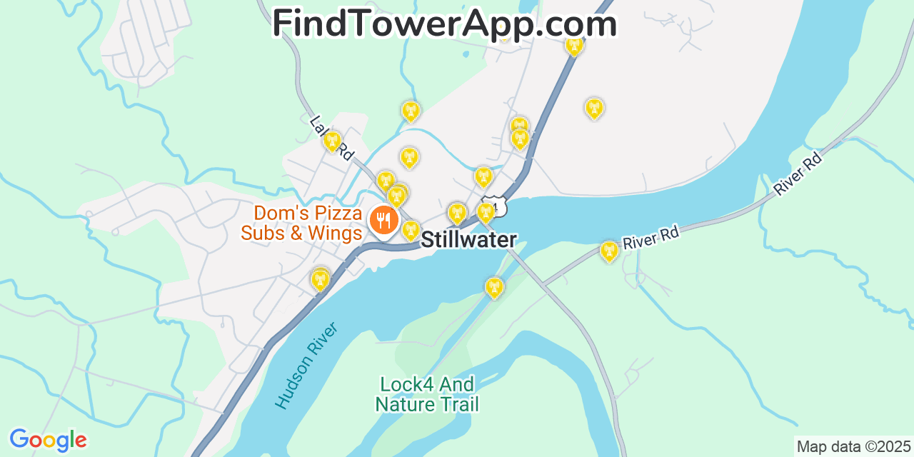 Map showing the 20 primary cell tower locations detected in Stillwater, New York from AT&T, Verizon, and T-Mobile networks