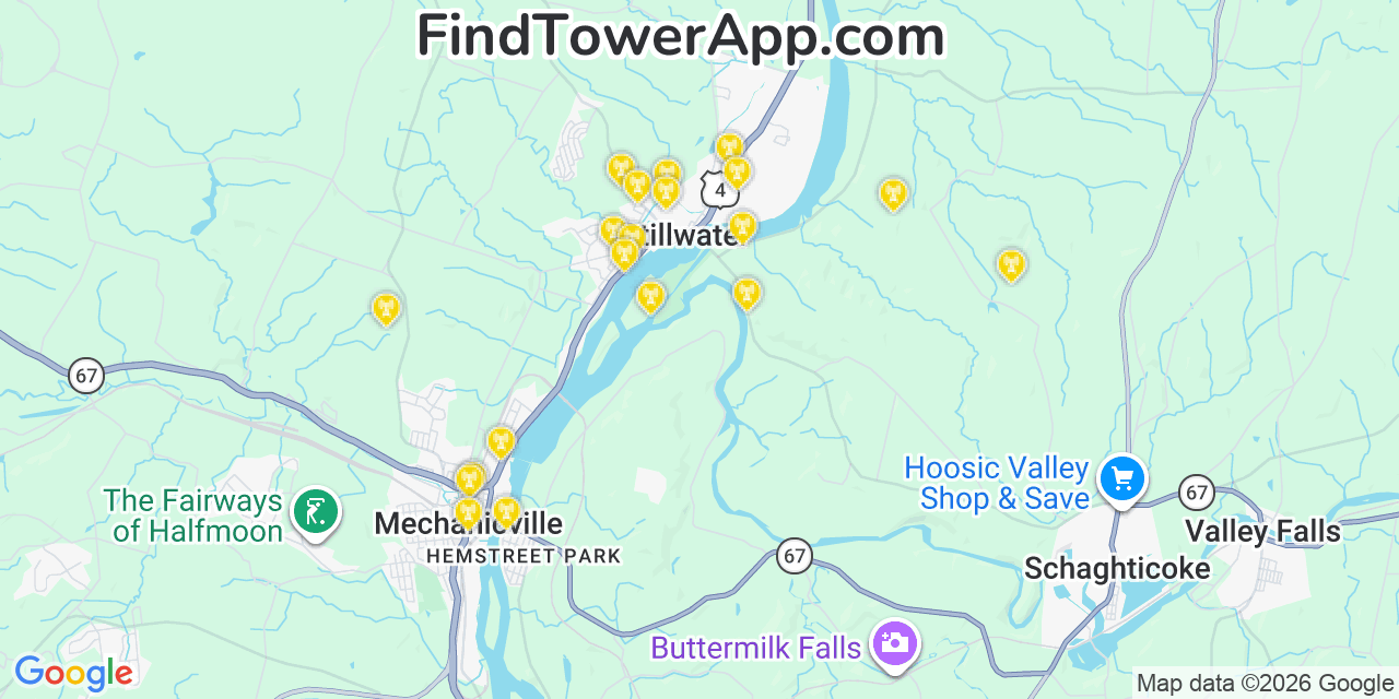 Map showing the 20 primary cell tower locations detected in Stillwater, New York from AT&T, Verizon, and T-Mobile networks