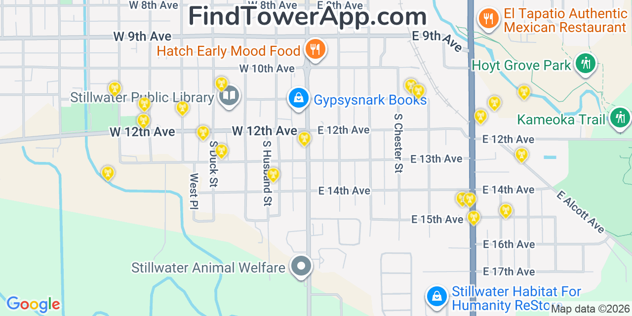 Map showing the 20 primary cell tower locations detected in Stillwater, Oklahoma from AT&T, Verizon, and T-Mobile networks