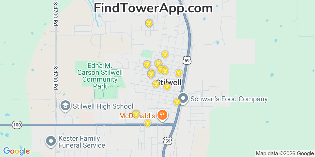 Map showing the 20 primary cell tower locations detected in Stilwell, Oklahoma from AT&T, Verizon, and T-Mobile networks