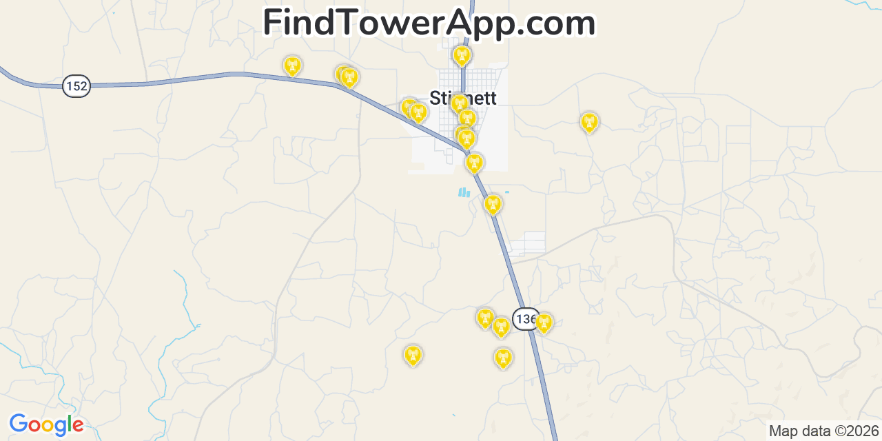 Map showing the 20 primary cell tower locations detected in Stinnett, Texas from AT&T, Verizon, and T-Mobile networks