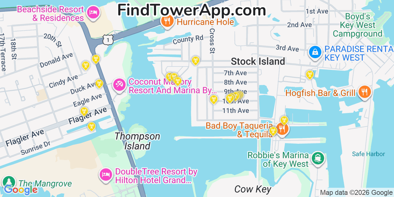 Map showing the 20 primary cell tower locations detected in Stock Island, Florida from AT&T, Verizon, and T-Mobile networks