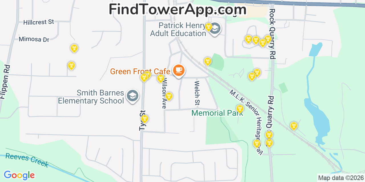 Map showing the 20 primary cell tower locations detected in Stockbridge, Georgia from AT&T, Verizon, and T-Mobile networks