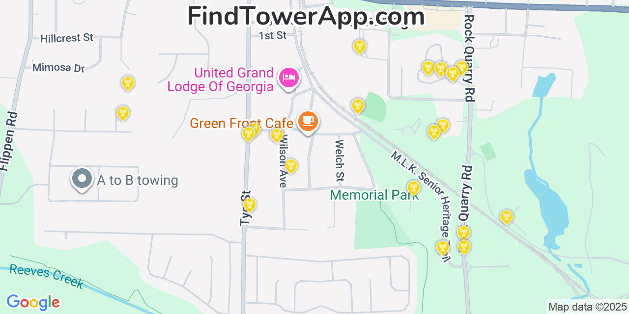 Map showing the 20 primary Mobitel cell tower locations detected in Stockbridge, Georgia with coverage radius and signal strength indicators