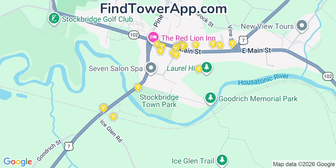 Map showing the 20 primary cell tower locations detected in Stockbridge, Massachusetts from AT&T, Verizon, and T-Mobile networks