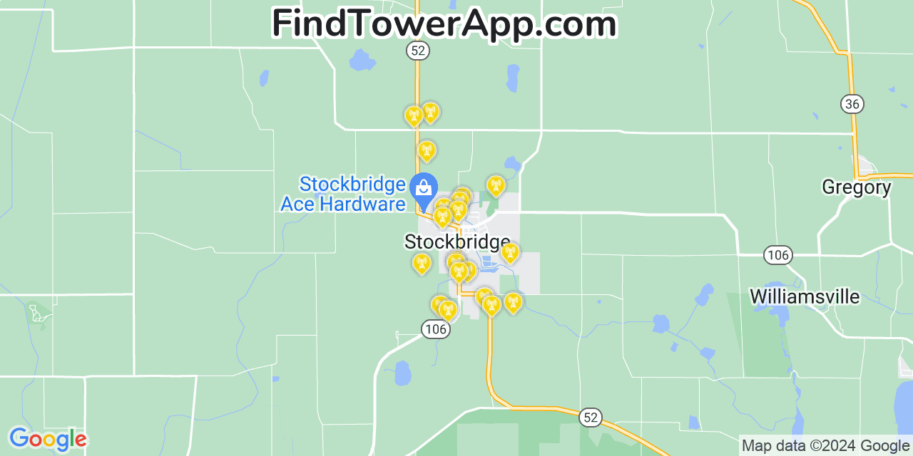 AT&T 4G/5G cell tower coverage map Stockbridge, Michigan