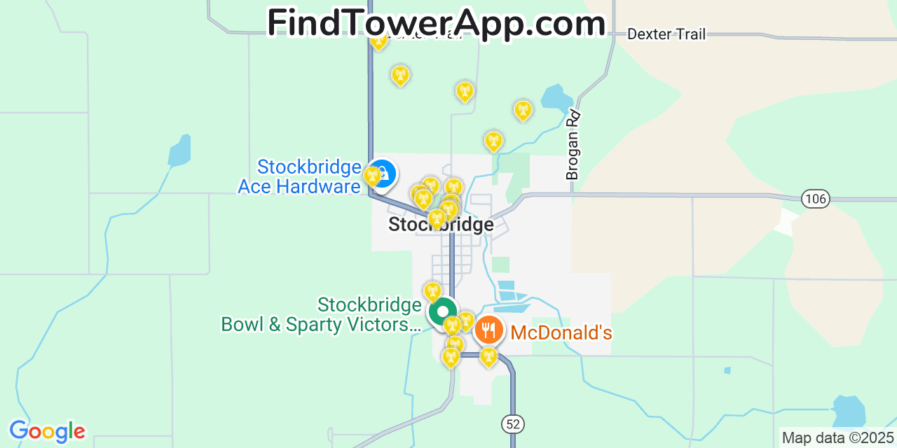 Map showing the 20 primary cell tower locations detected in Stockbridge, Michigan from AT&T, Verizon, and T-Mobile networks