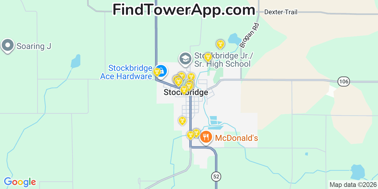 Map showing the 20 primary cell tower locations detected in Stockbridge, Michigan from AT&T, Verizon, and T-Mobile networks