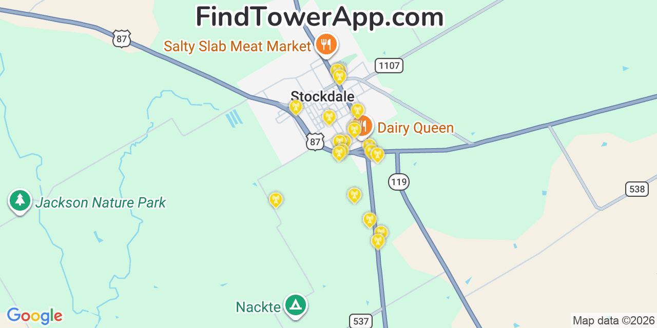 Map showing the 20 primary cell tower locations detected in Stockdale, Texas from AT&T, Verizon, and T-Mobile networks