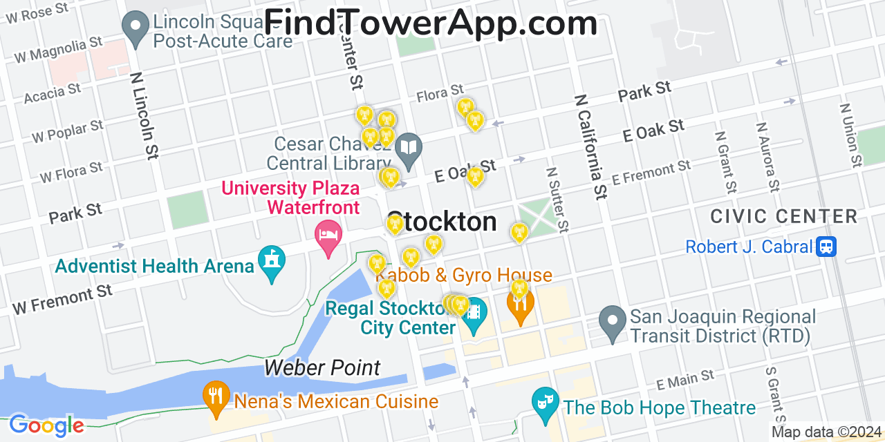 AT&T 4G/5G cell tower coverage map Stockton, California