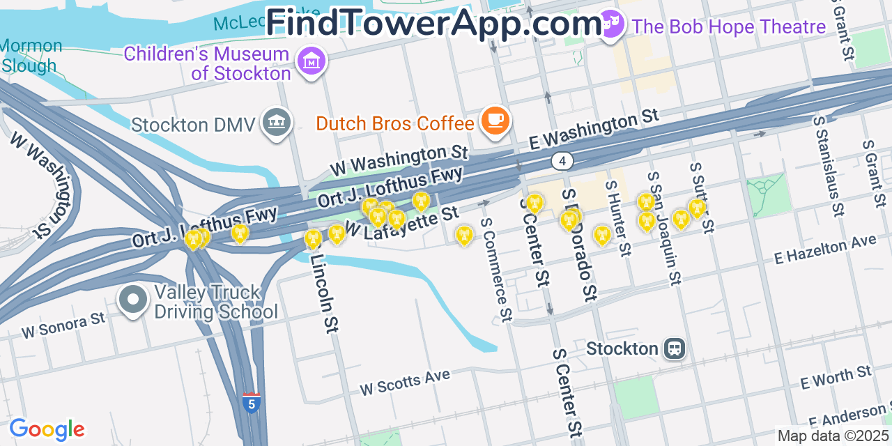 Map showing the 20 primary cell tower locations detected in Stockton, California from AT&T, Verizon, and T-Mobile networks