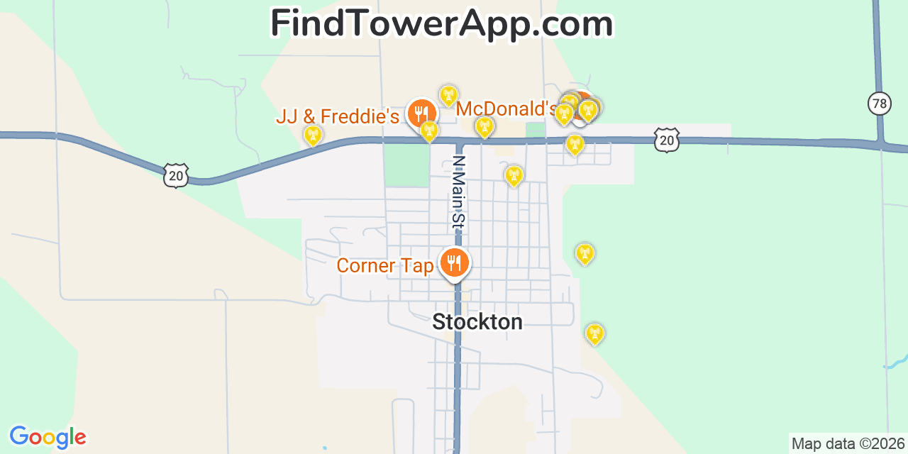 Map showing the 20 primary cell tower locations detected in Stockton, Illinois from AT&T, Verizon, and T-Mobile networks