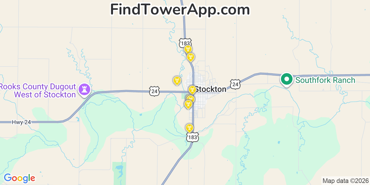Map showing the 20 primary cell tower locations detected in Stockton, Kansas from AT&T, Verizon, and T-Mobile networks